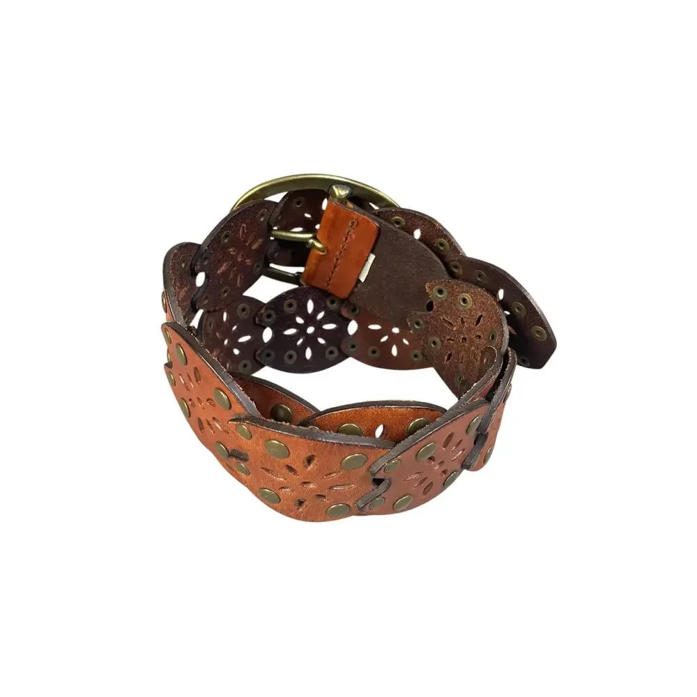 Unbranded Women’s Brown Leather Boho Cutout Floral Studded Belt Measures: 36.5”